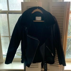 Zara woman faux leather and fur black moto jacket